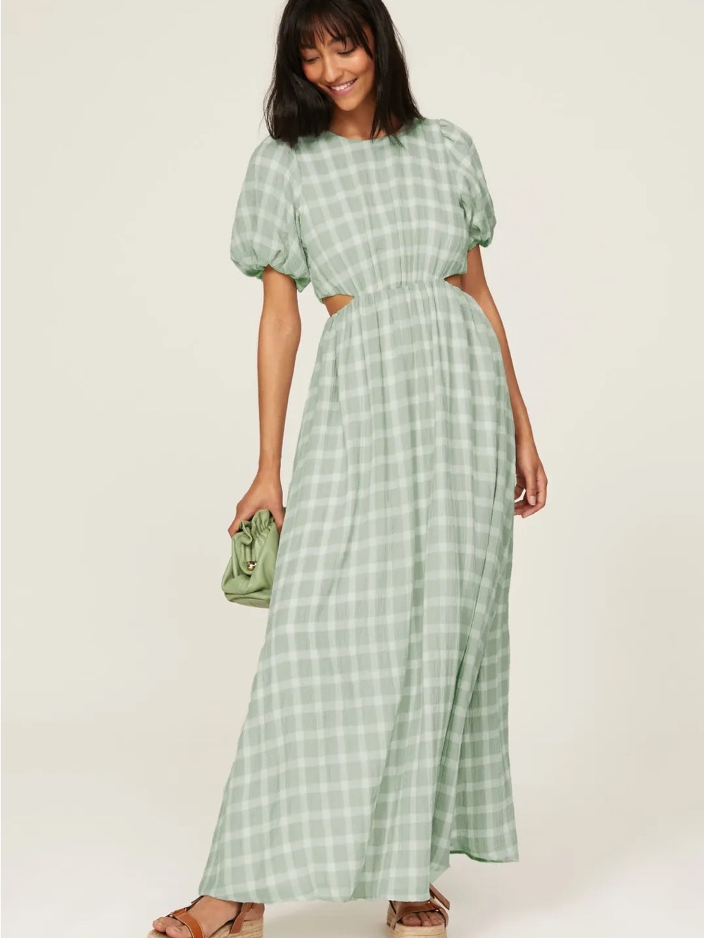 Show Me Your MuMu Sage Green Plaid Puff-Sleeve Maxi Dress